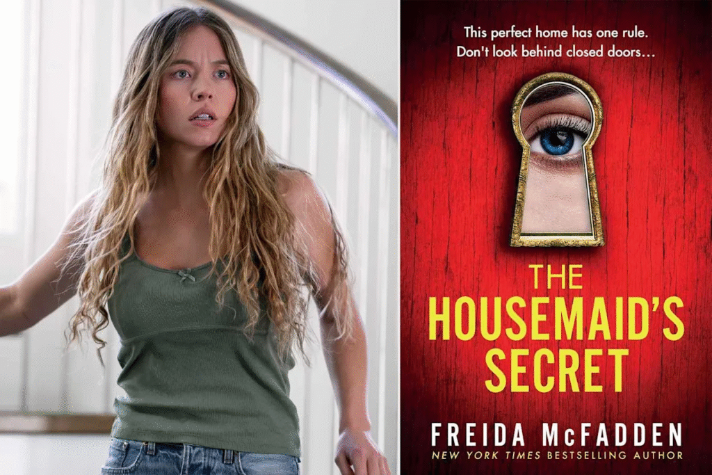 Split image showing a woman with long wavy hair looking alarmed on the left, and the red book cover of “The Housemaid’s Secret” by Freida McFadden with an eye in a keyhole on the right.